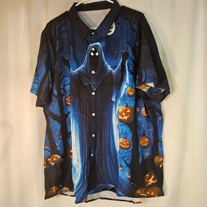 Spooky Halloween Button-Up‎ Shirt with Jack-o'-Lanterns and Bats Pattern XXL